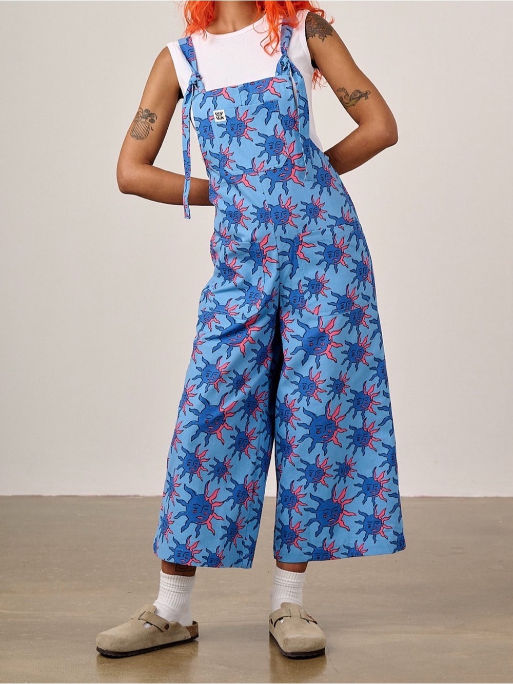 Blue Patterned Wide-Leg Denim Overalls